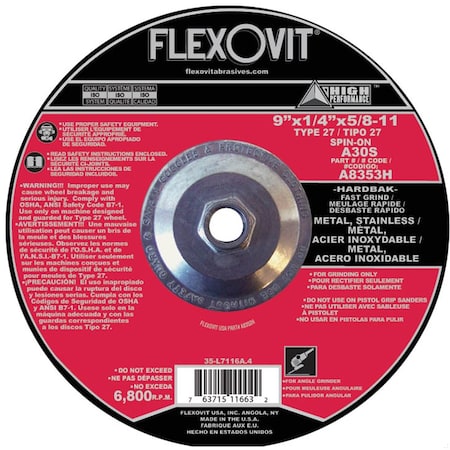 Flexovit HP Fast Grind Depressed Center Wheel, 9 in Dia x 1/4 in THK, A30S Grit, Aluminum Oxide Abrasive A8353H